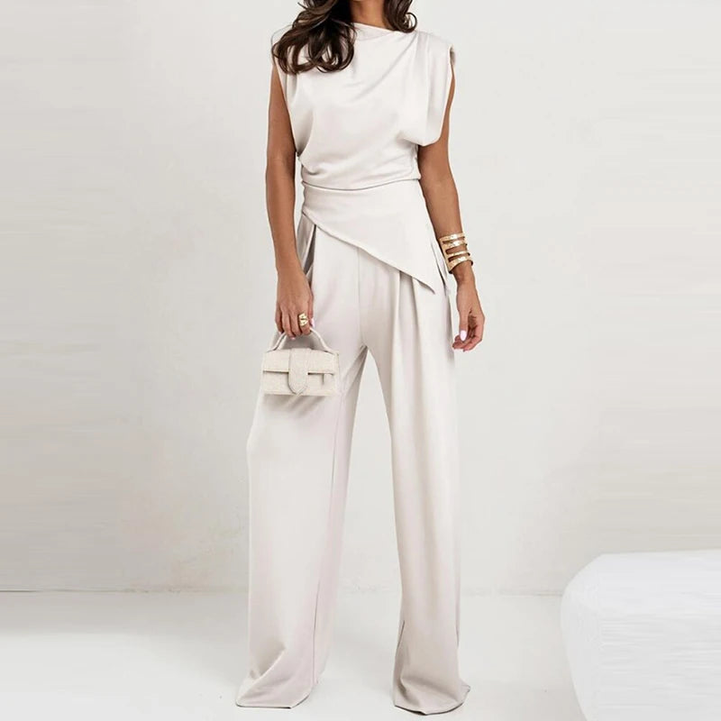 Women Fashion High Street Irregular Outfit Elegant Straight Commuting Set Simple Solid Color O Neck Sleeveless Top + Pants Suit